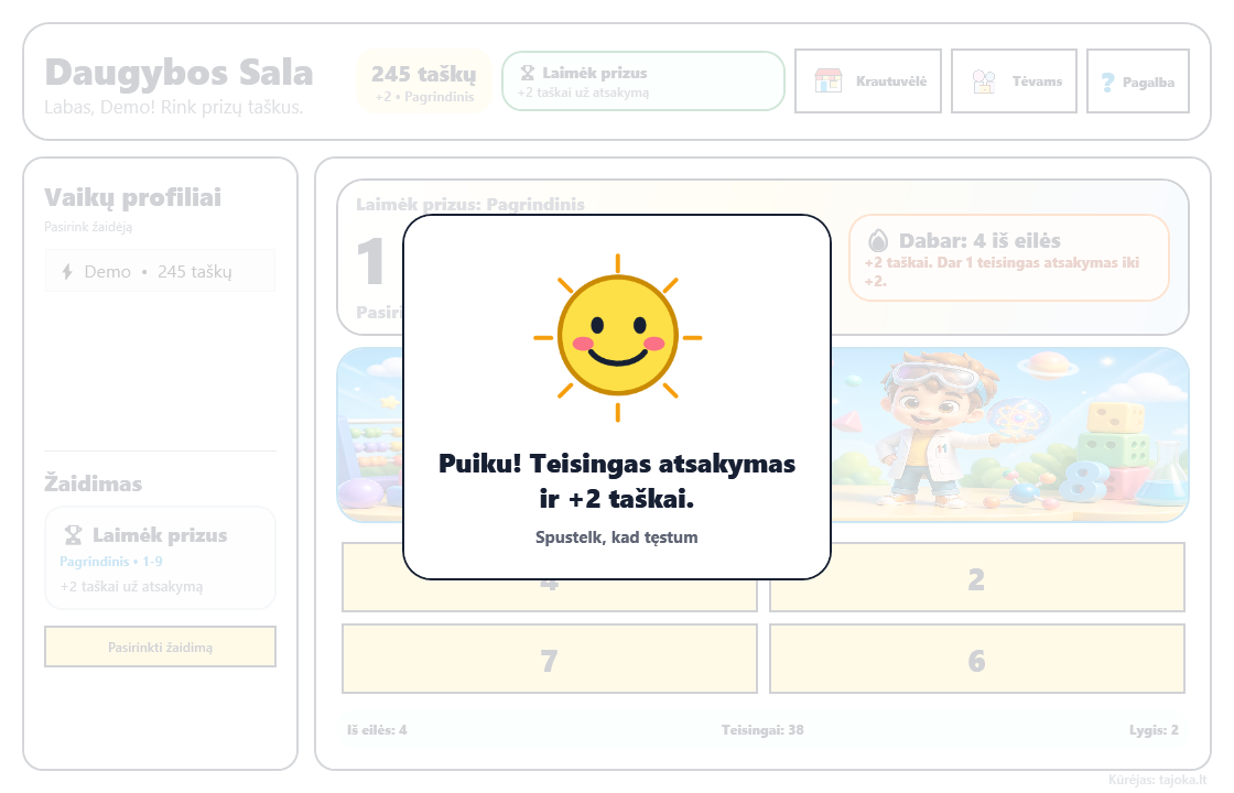 Spalvingas pranešimas apie teisingą atsakymą ir gautus taškus
